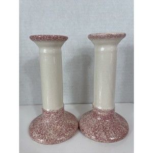 Ceramic Sponge Ware Candle Holders Country Farmhouse Pottery Vtg Pink Red Cream